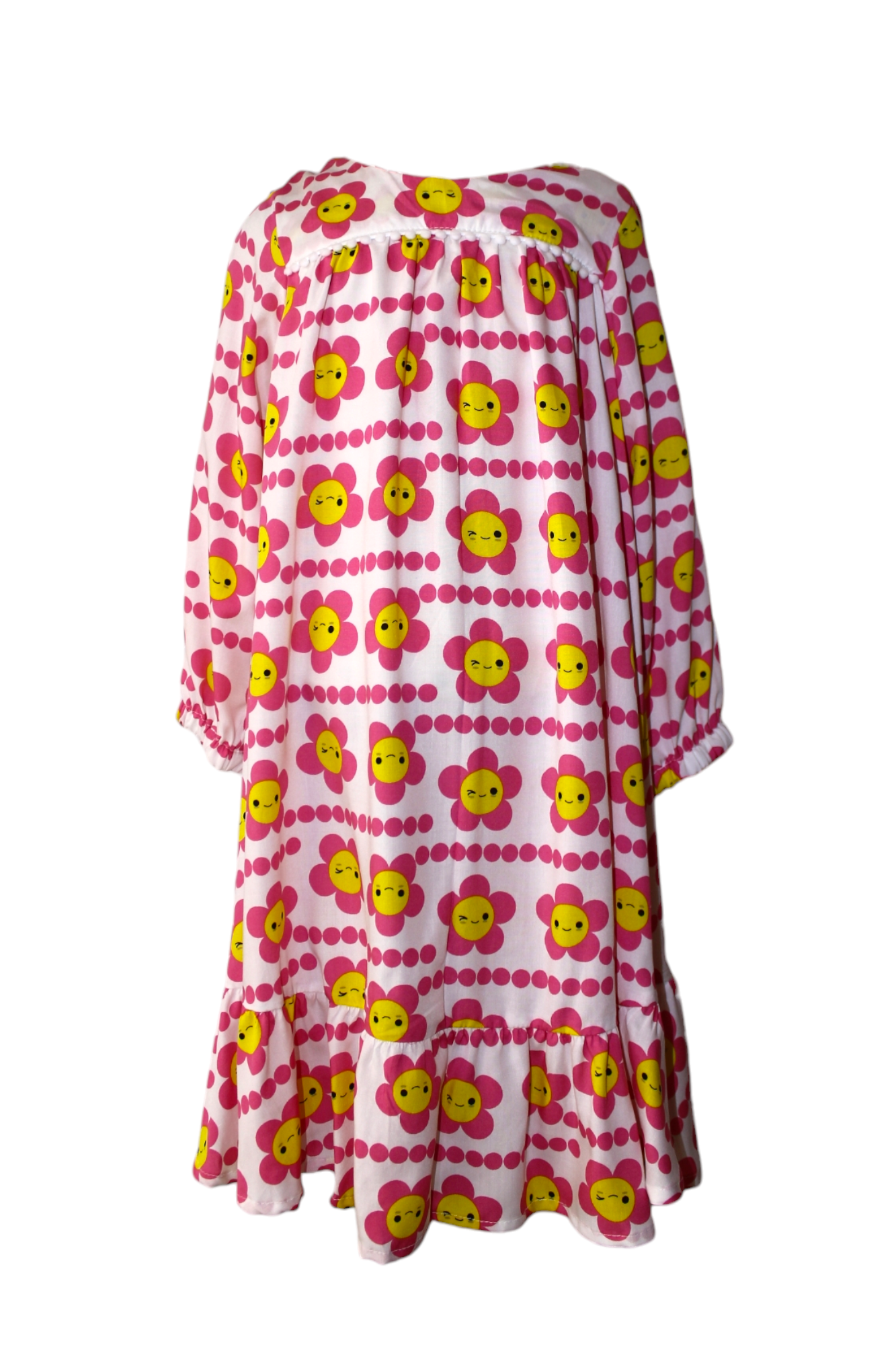 Vestido bata babado manga longa estampa flor rosa - Frente